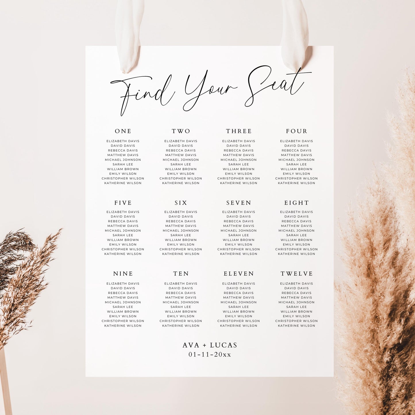 Find Your Seat Chart Template by Table Number, Minimal Wedding Reception Seating Sign, Large Guest Seat Assignment Printable Poster Board