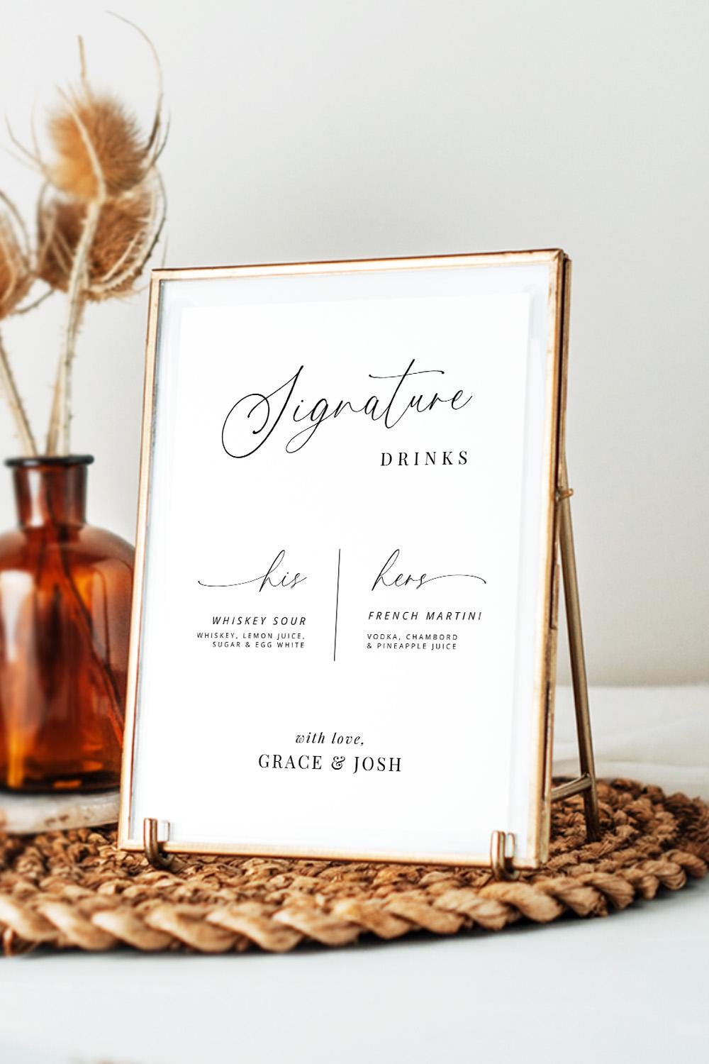 His and Hers Signature Cocktail Menu Sign Template, Bar Signage for Wedding Reception or Engagement Party, Printable Signature Drinks Sign