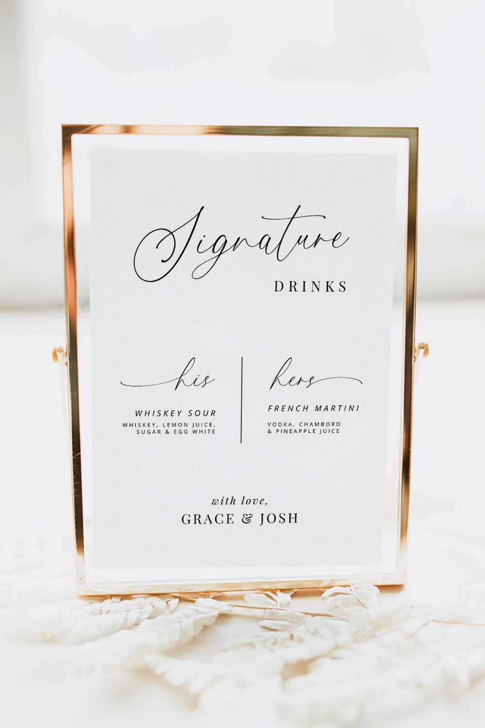His and Hers Signature Cocktail Menu Sign Template, Bar for Wedding Reception or Engagement Party