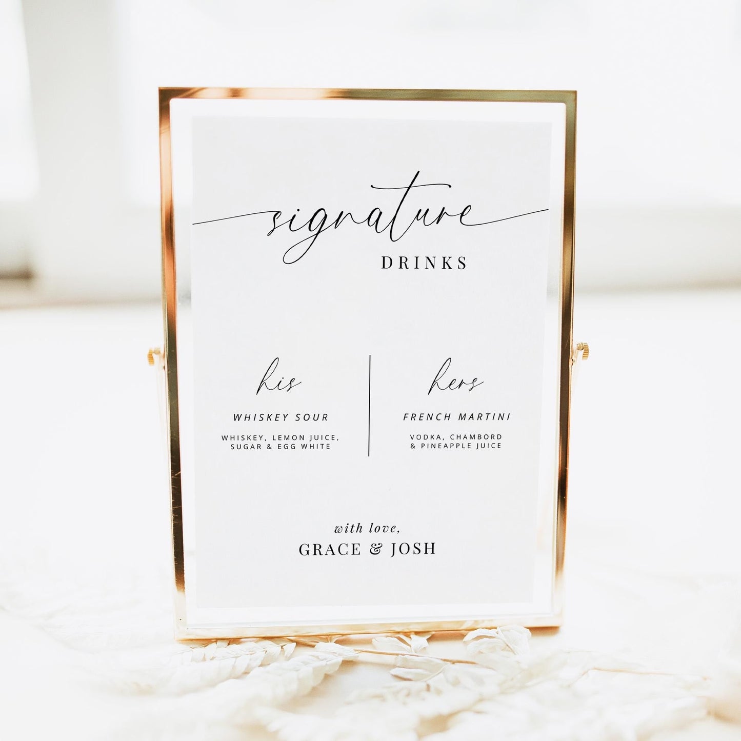 His and Hers Cocktail Signature Drinks Menu Sign Template for Wedding