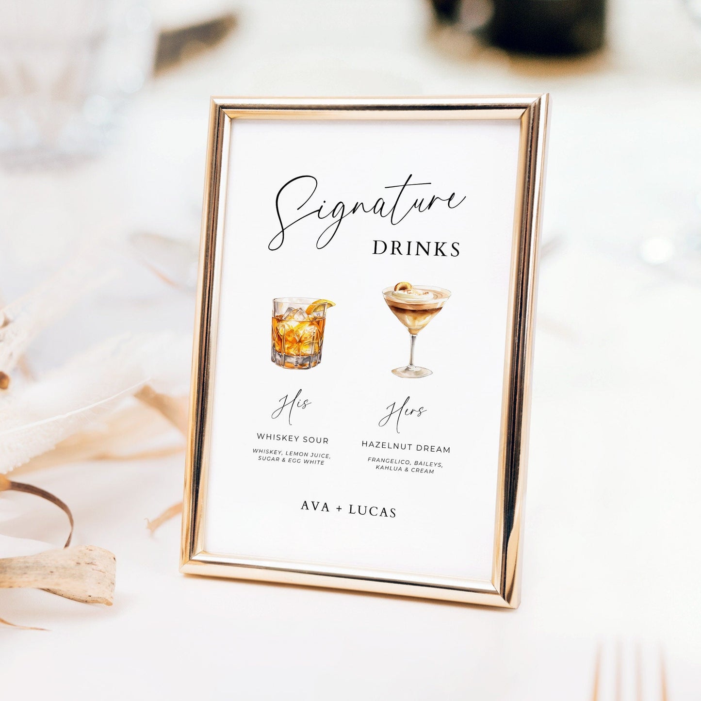 Watercolor His and Hers Signature Drink Sign Template, Cocktail Menu Signage for Wedding Reception or Engagement Party