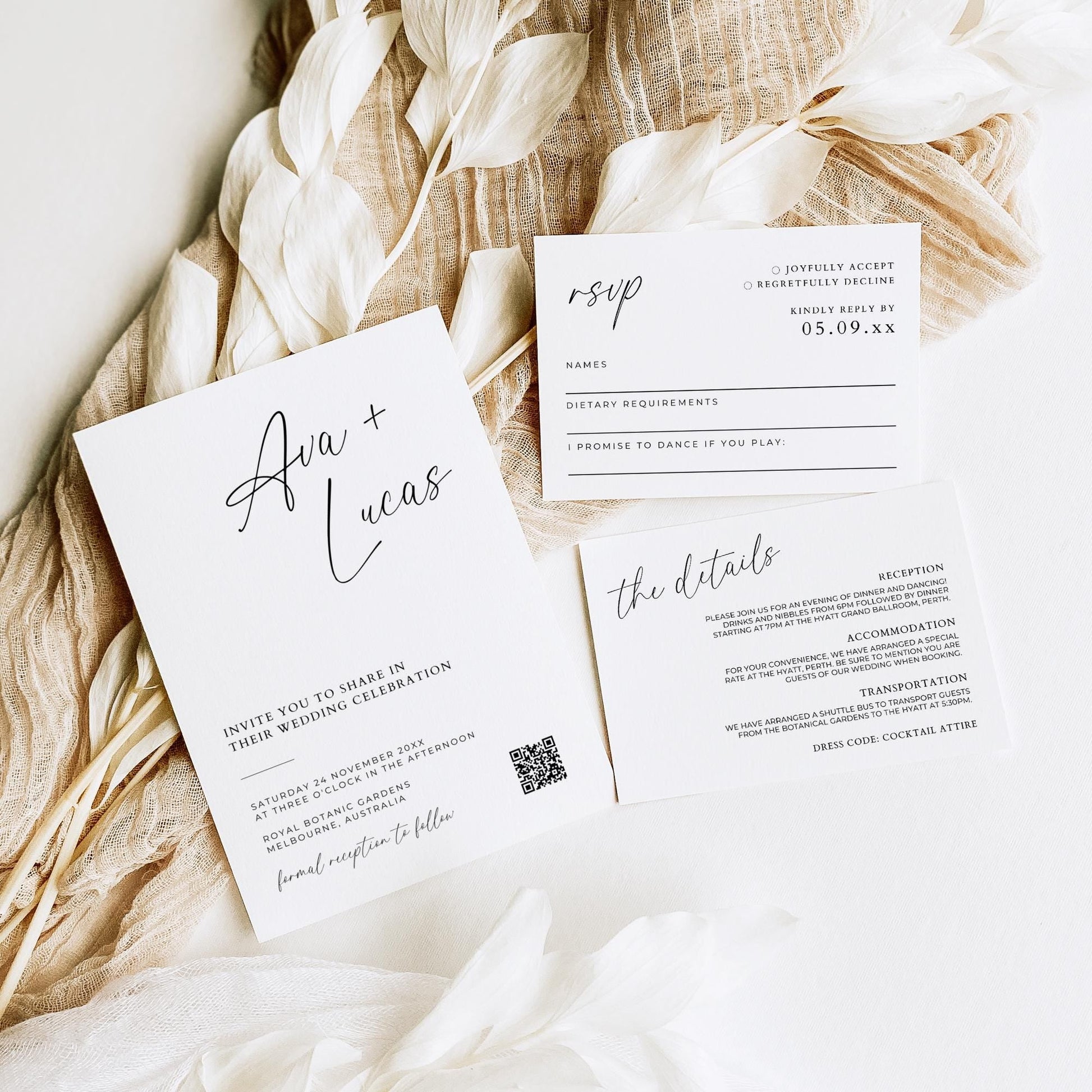 Invitation Suite with RSVP and Details Card, Minimalist Wedding QR Code Invite Template, Customizable DIY Printable Wedding Stationery Set