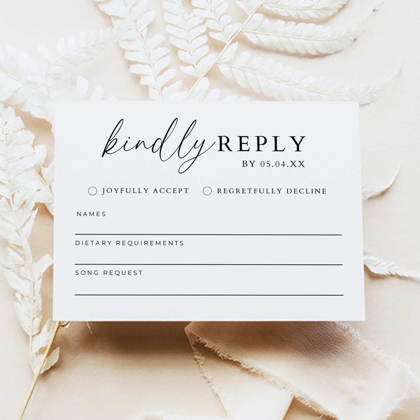 Kindly Reply RSVP Card Template, Modern Minimalist Wedding Invitation Response Insert Enclosure Card, Customizable Printable Respond By Card