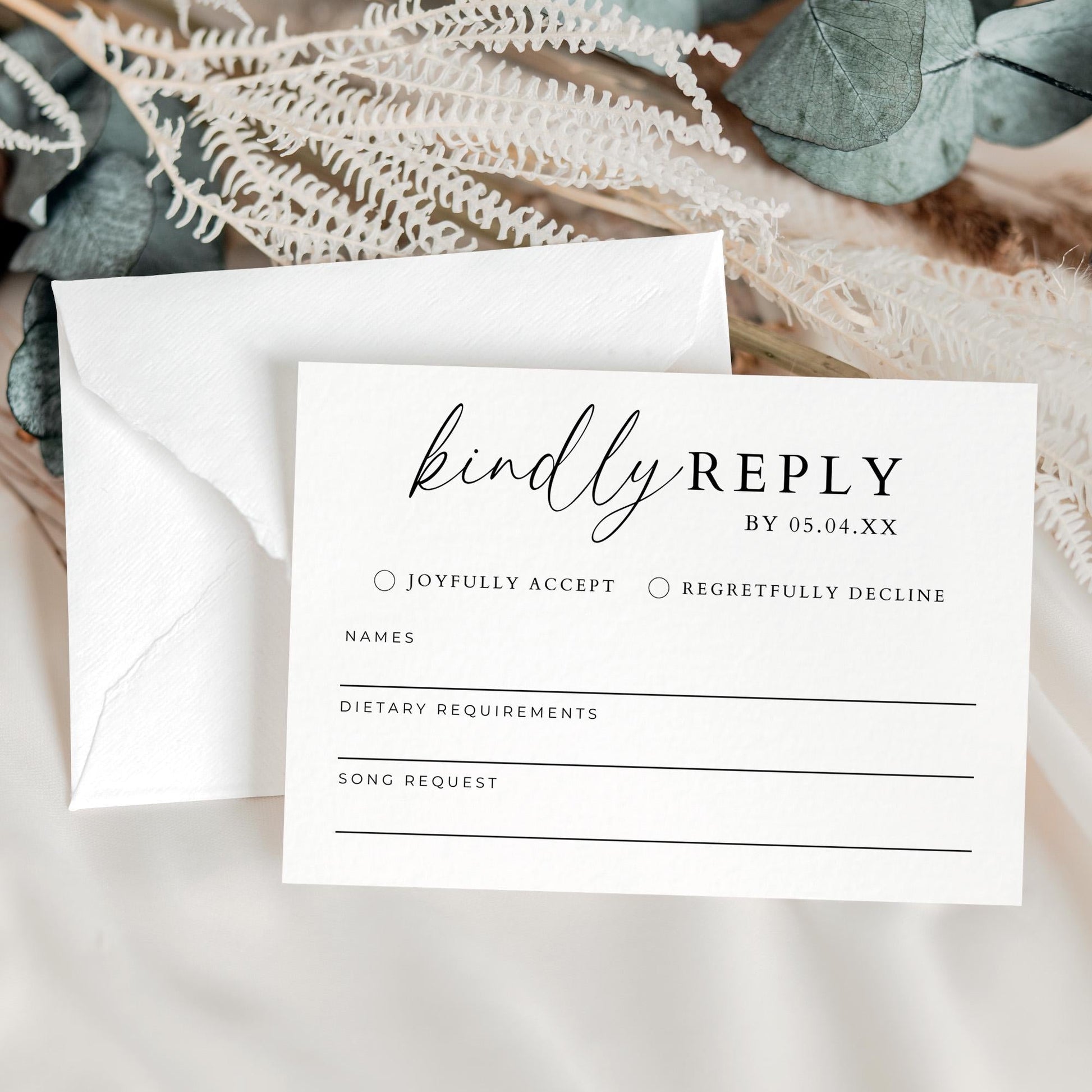 Kindly Reply RSVP Card Template, Modern Minimalist Wedding Invitation Response Insert Enclosure Card, Customizable Printable Respond By Card