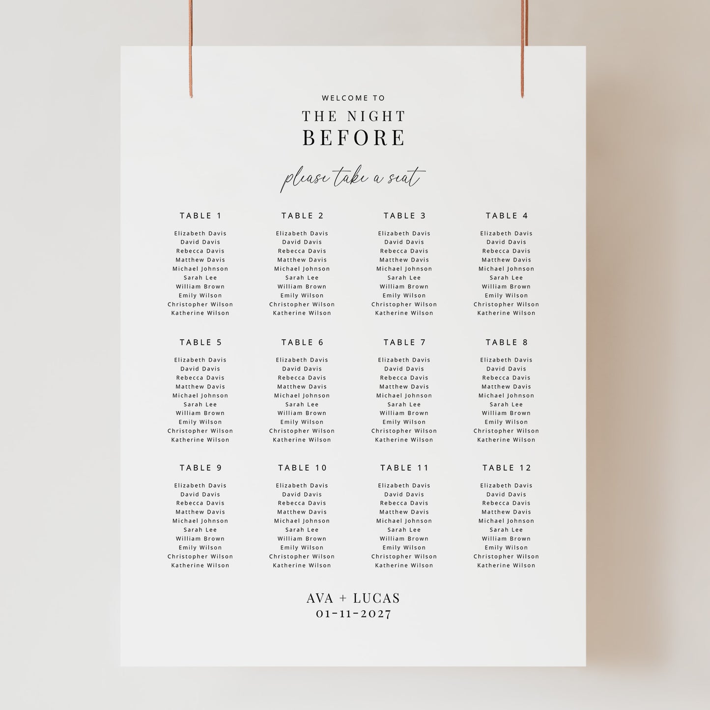 Night Before Rehearsal Dinner Table Seating Chart Foam Core Board