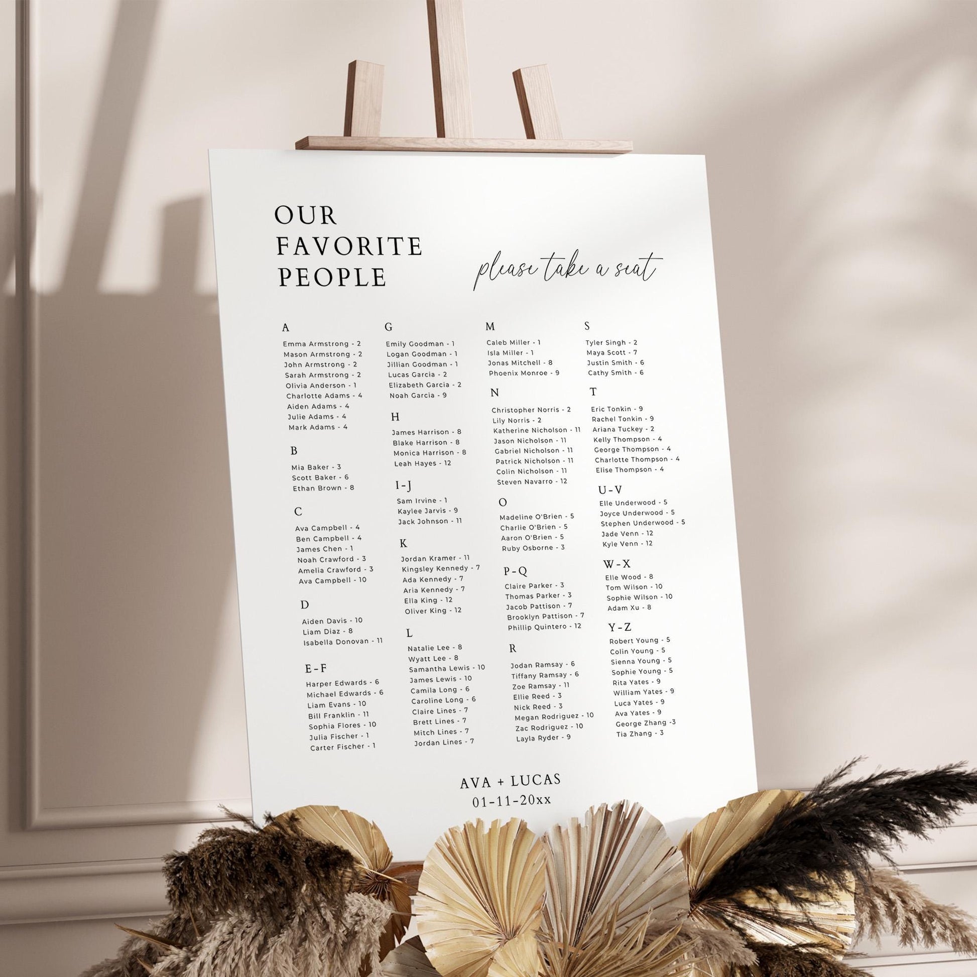 Our Favorite People Seating Chart Sign Template by Alphabetical Order, Large Minimalist Seat Assignment Poster Board for Wedding Reception