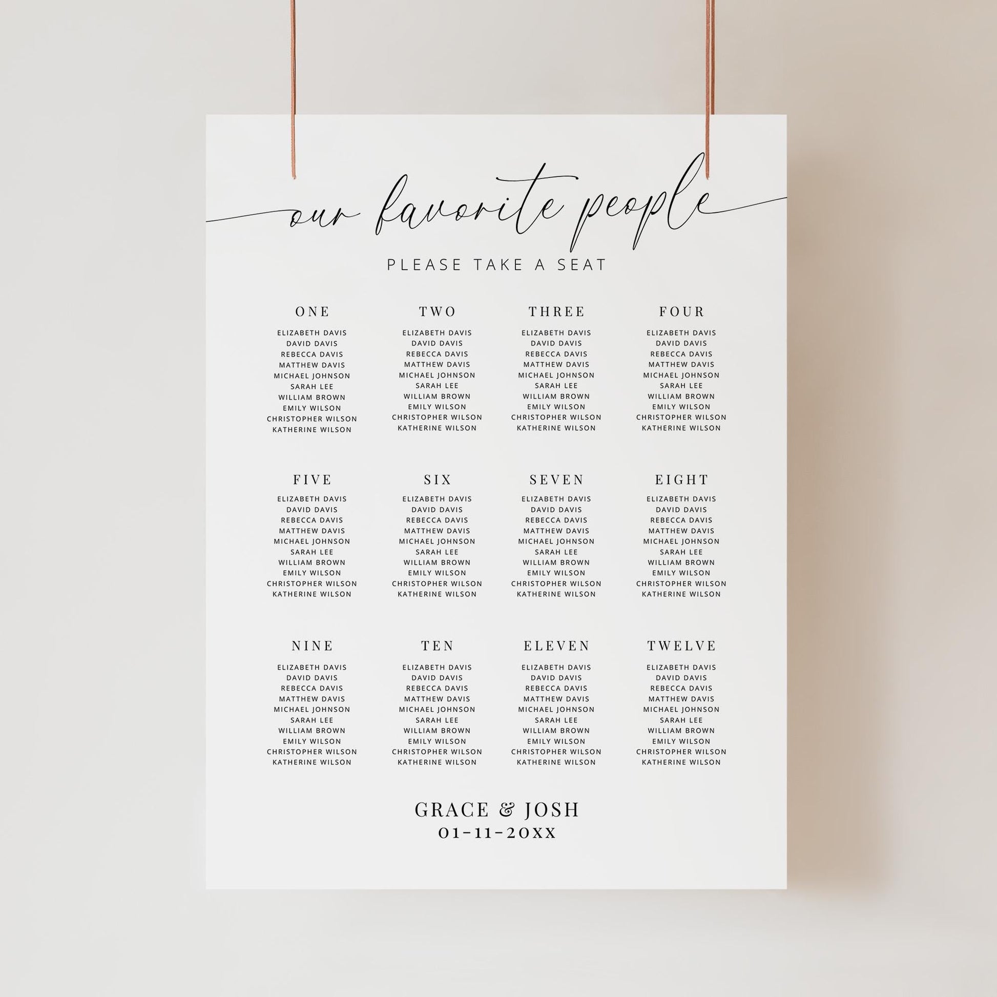 Our Favorite People Wedding Reception Large Seating Chart Sign Template, Elegant Minimal Seating Board for 12 Tables