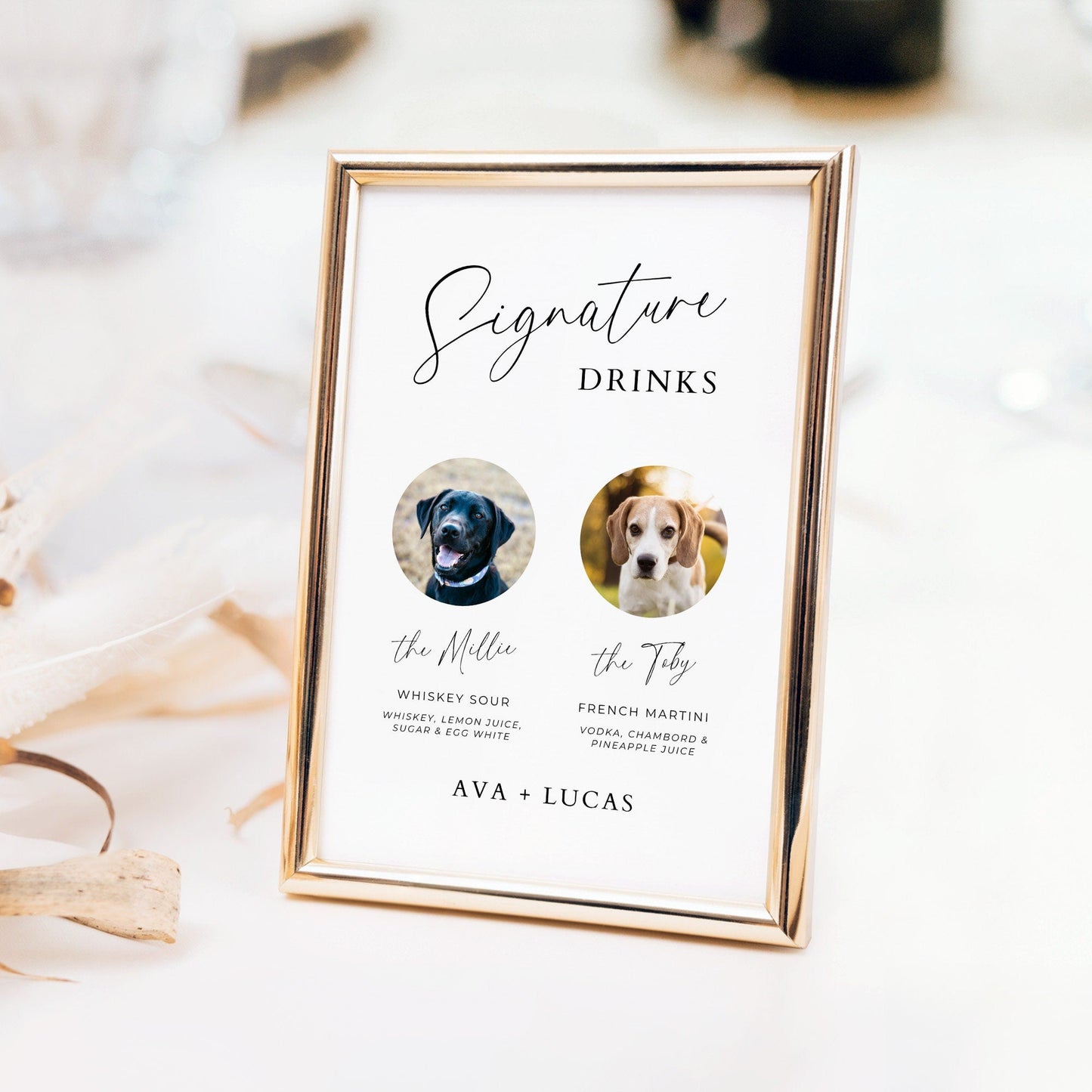 Pets Signature Drink Bar Menu Sign Template, Dog or Cat Photo Cocktail Menu for Wedding