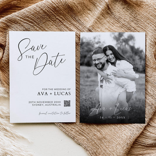 Photo Save The Date Card Template with QR Code, Modern Minimalist Save Our Date Invite with Picture, Simple DIY Printable Wedding Stationery
