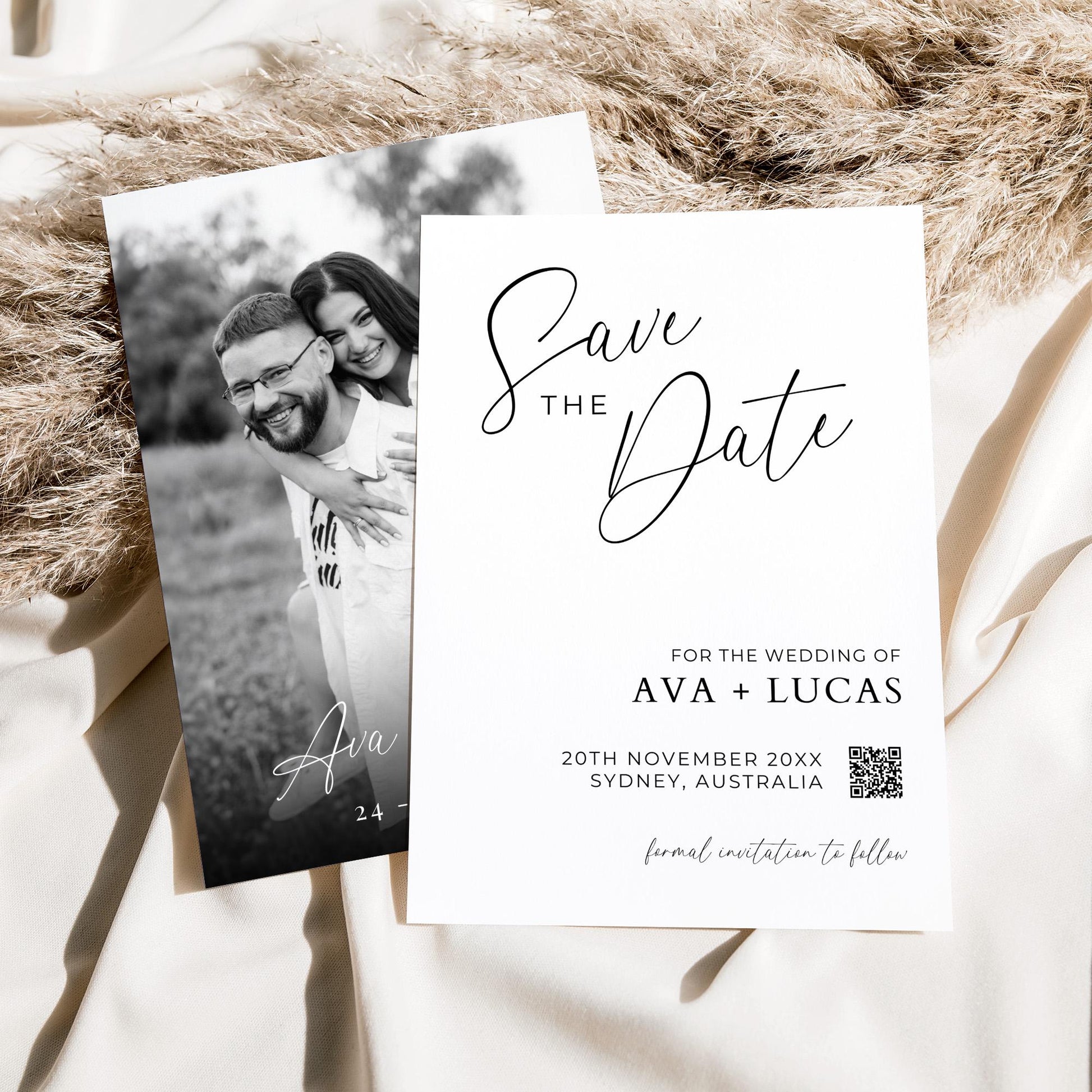 Photo Save The Date Card Template with QR Code, Modern Minimalist Save Our Date Invite with Picture, Simple DIY Printable Wedding Stationery