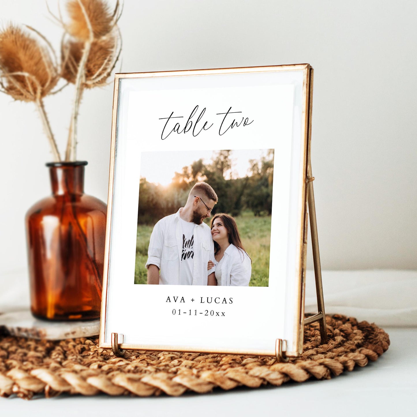 Photo Table Number Card Template, Minimalist Printable Table Number Sign for Wedding Reception or Rehearsal Dinner, Custom Editable Template