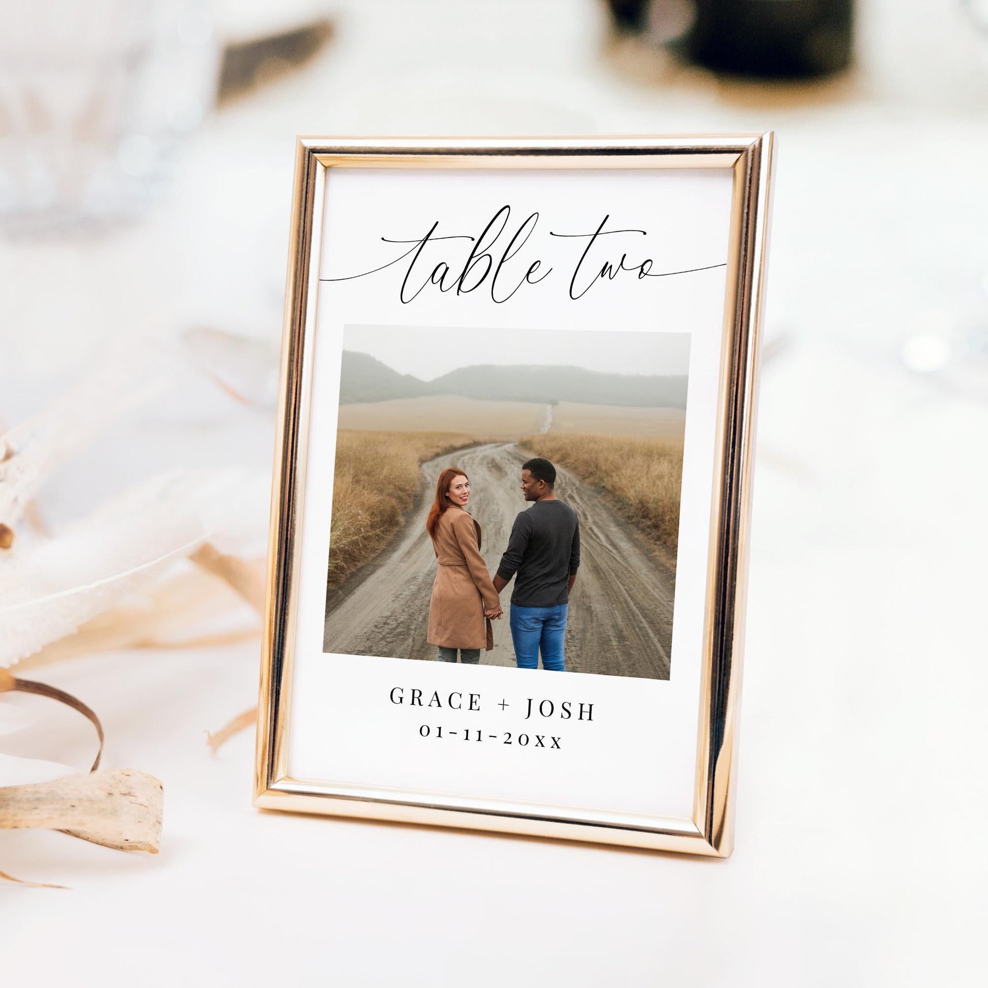 Elegant Photo Table Number Card Editable Template, Custom Minimalist Printable Table Number Sign for Wedding Reception or Rehearsal Dinner
