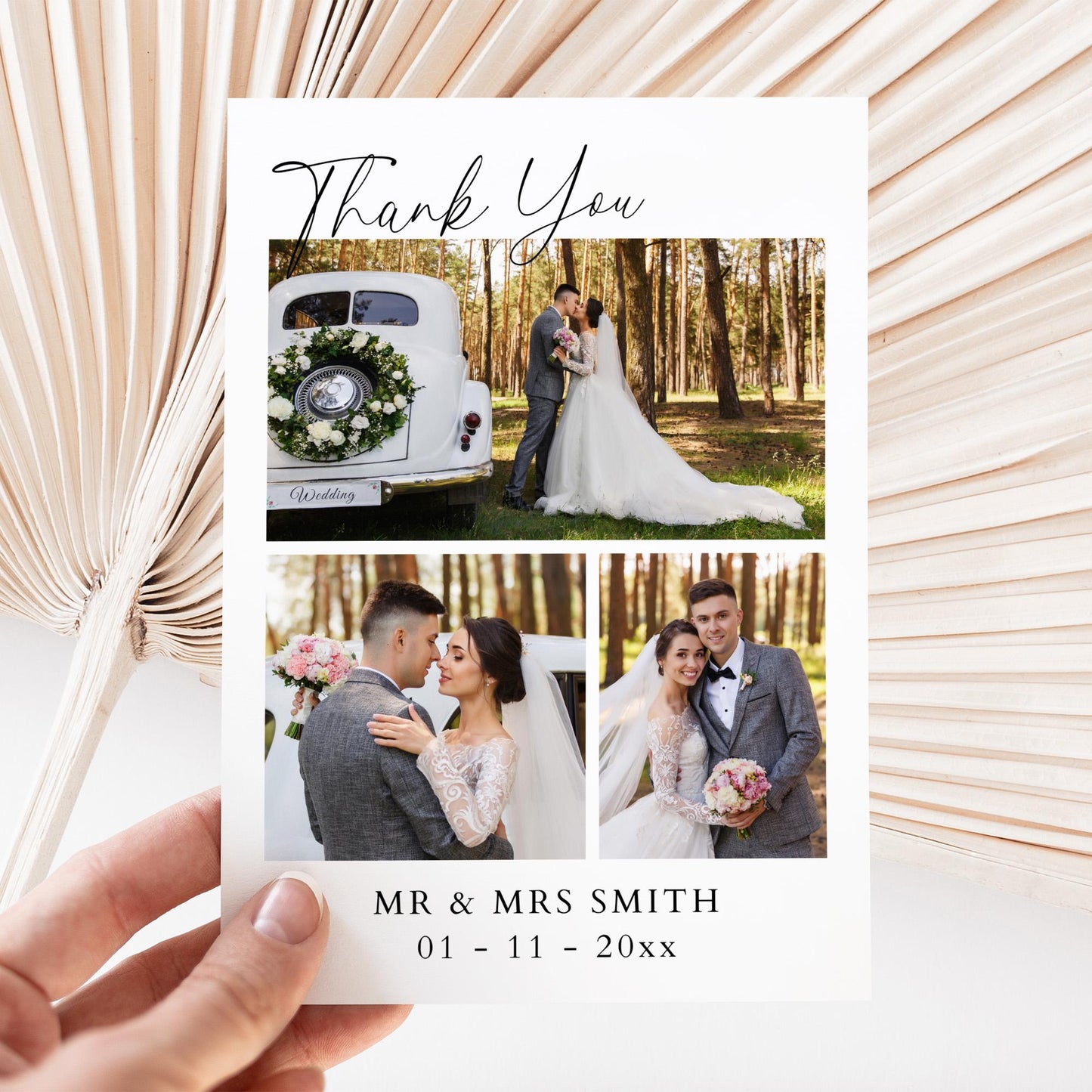 Photo Thank You Card Template Double Sided, Modern Minimalist Wedding Thank Yous, Elegant Thank You For Attending Note with Picture Collage