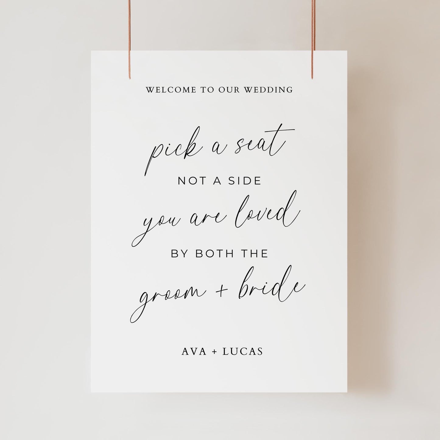 Pick A Seat Not A Side Sign Template, Minimalist Sit Anywhere Open Seating Signage for Wedding Ceremony, Modern Customizable Wedding Signage