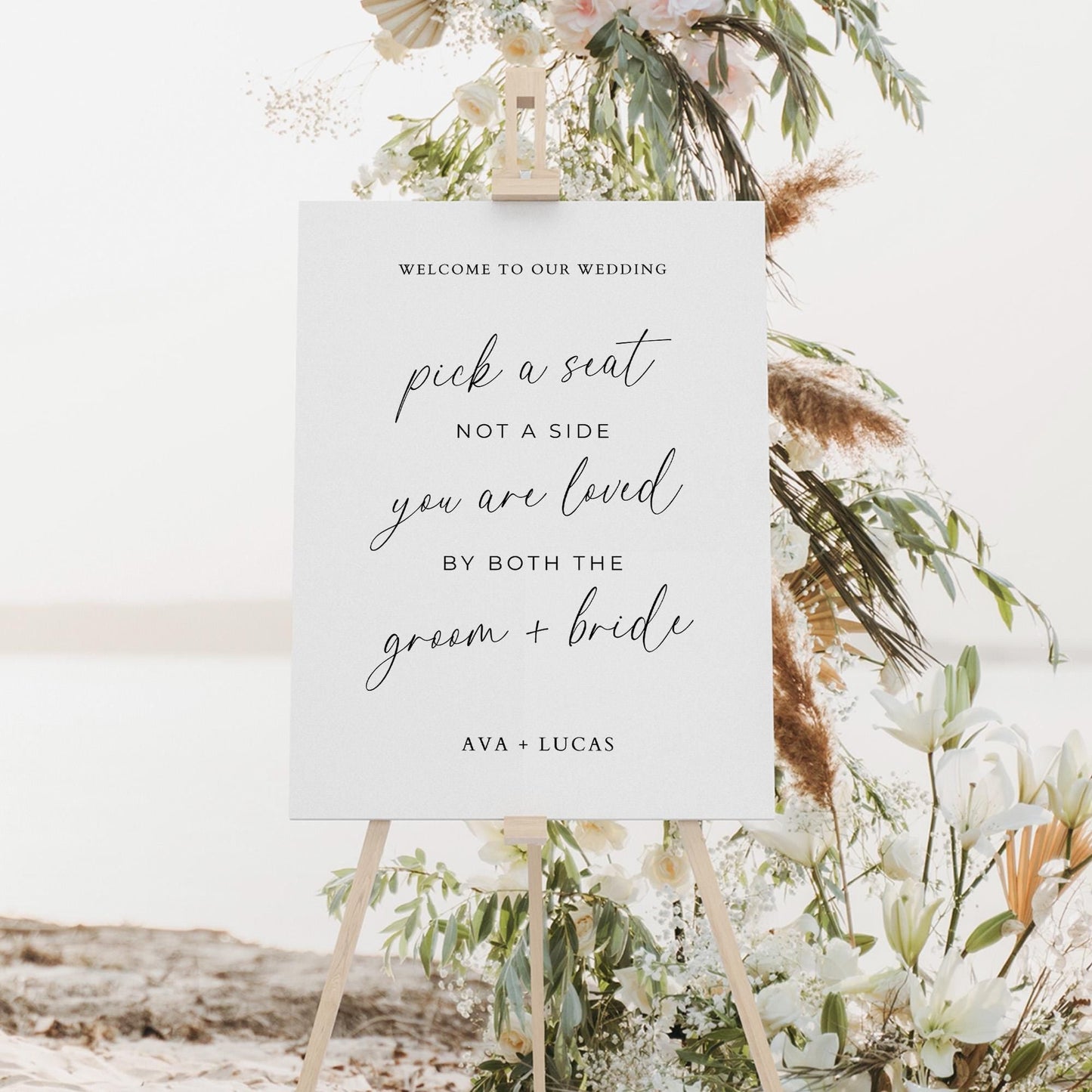 Pick A Seat Not A Side Sign Template, Minimalist Sit Anywhere Open Seating Signage for Wedding Ceremony, Modern Customizable Wedding Signage