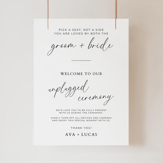 Pick A Seat Not A Side Unplugged Ceremony Sign Template, Minimalist Sit Anywhere Wedding Welcome Signage, Modern No Phone Wedding Sign