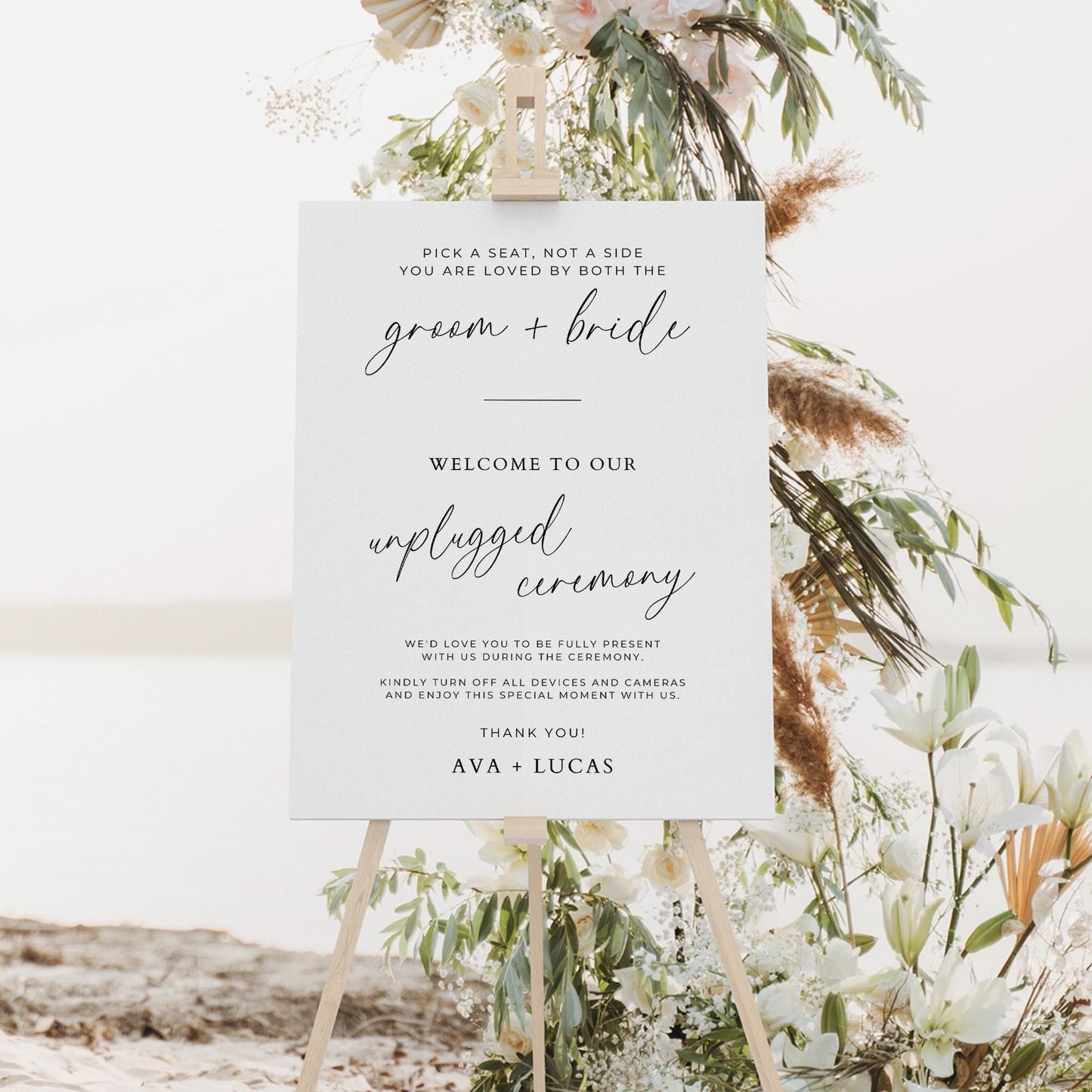 Pick A Seat Not A Side Unplugged Ceremony Sign Template, Minimalist Sit Anywhere Wedding Welcome Signage, Modern No Phone Wedding Sign