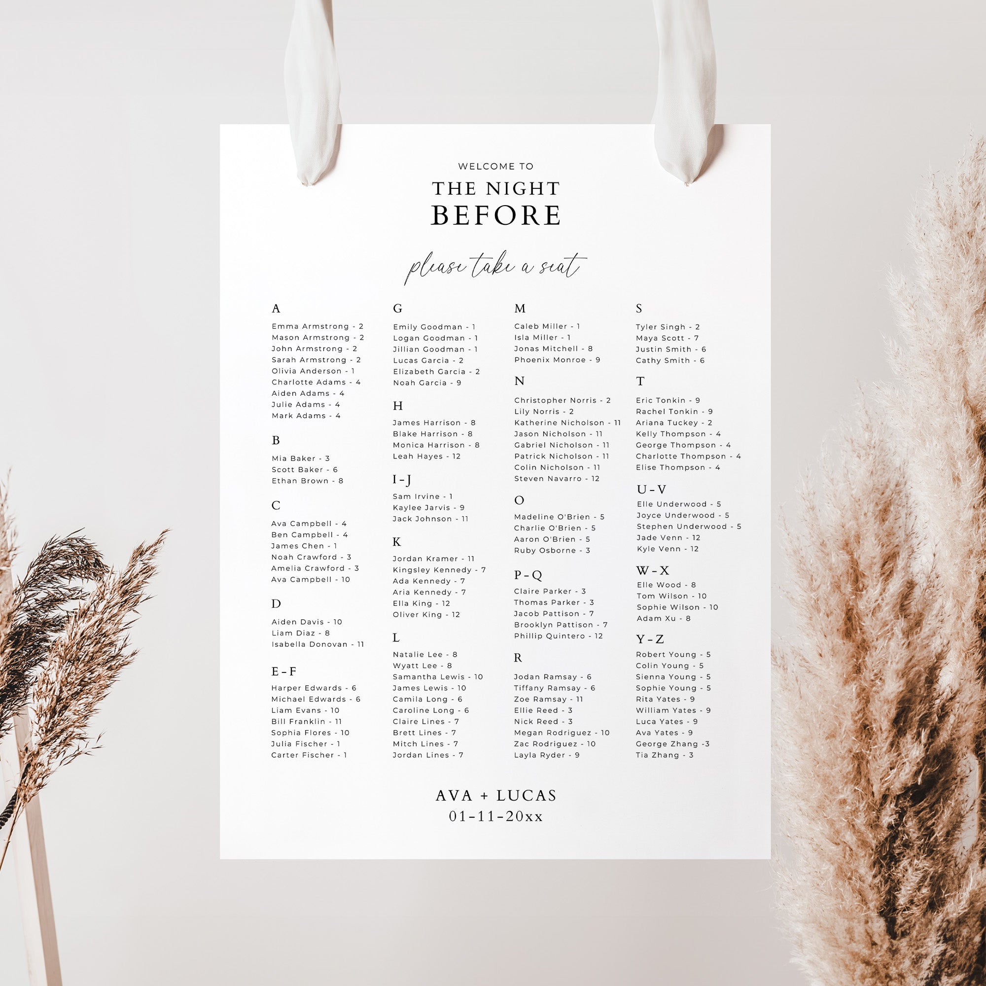 The Night Before Rehearsal Dinner Alphabetical Seating Chart Template