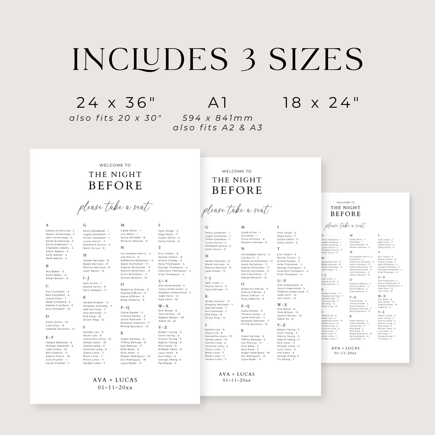 The Night Before Rehearsal Dinner Alphabetical Seating Chart Template
