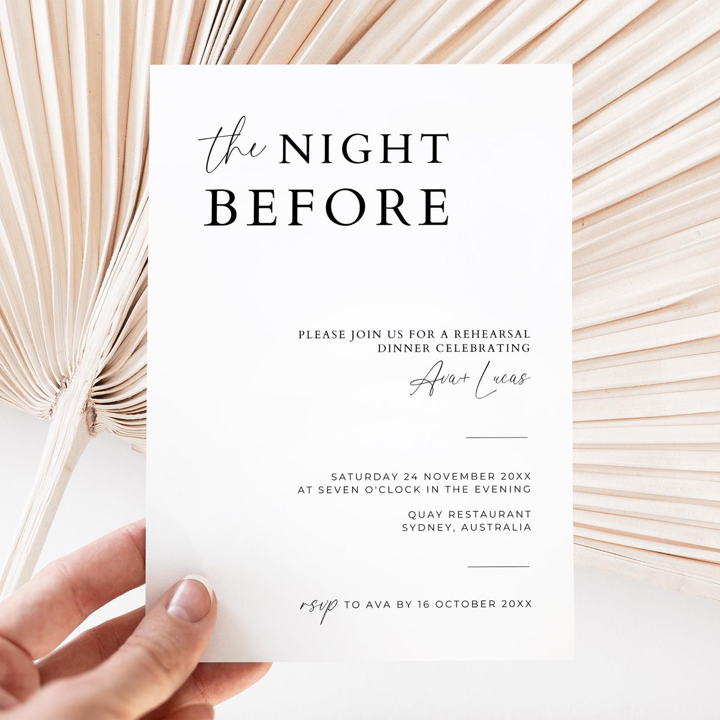Rehearsal Dinner Invitation Card Template, Modern Minimalist The Night Before Wedding Invite, Simple Customizable DIY Printable Invitation