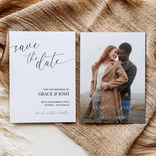 Save The Date Invite with Photo, Elegant Wedding Double Sided Save Our Date Card Template with Picture, Simple Printable DIY Save The Date