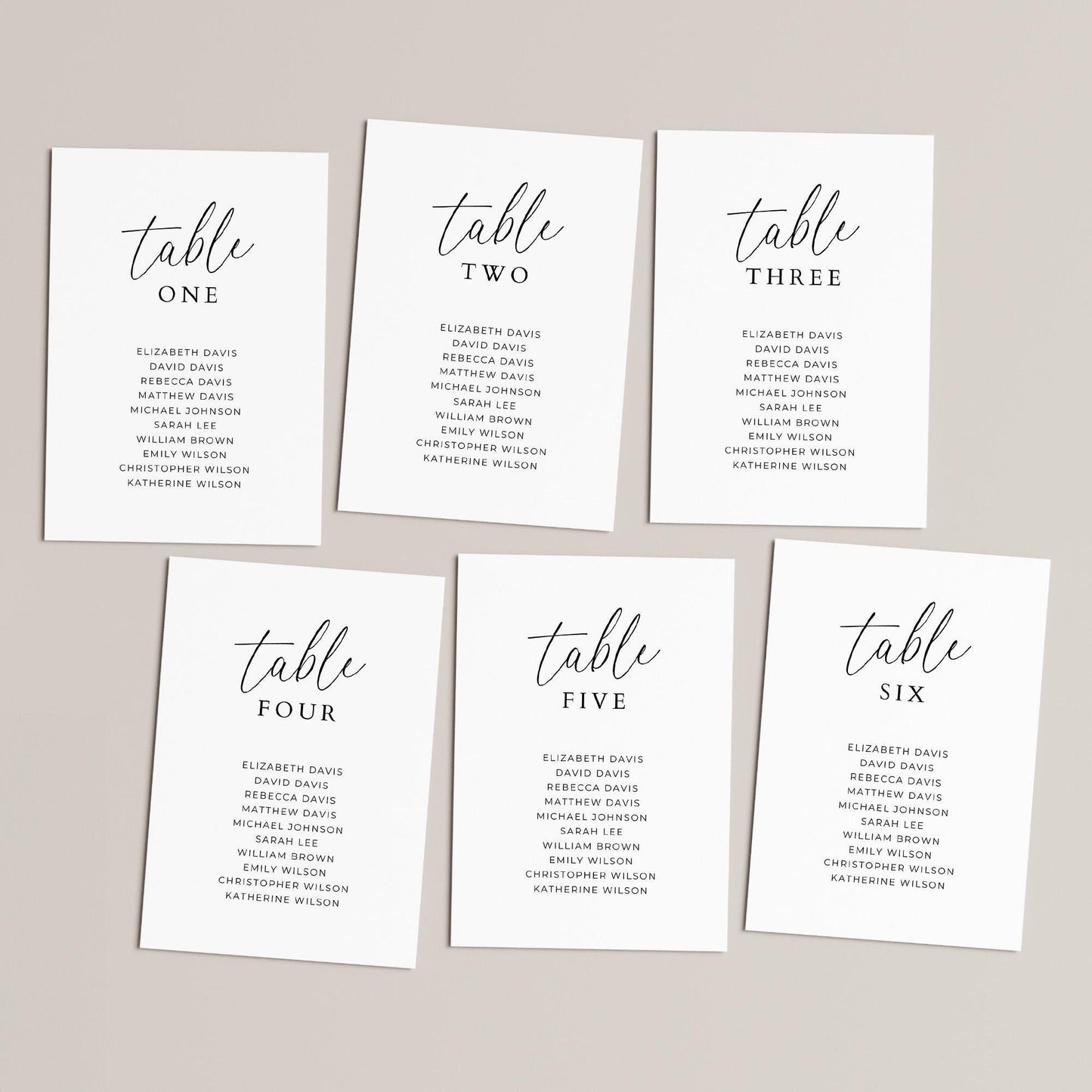 Seating Chart Cards Template, Minimalist Elegant Table Number Assignment Card with Names for Wedding Reception or Rehearsal Dinner
