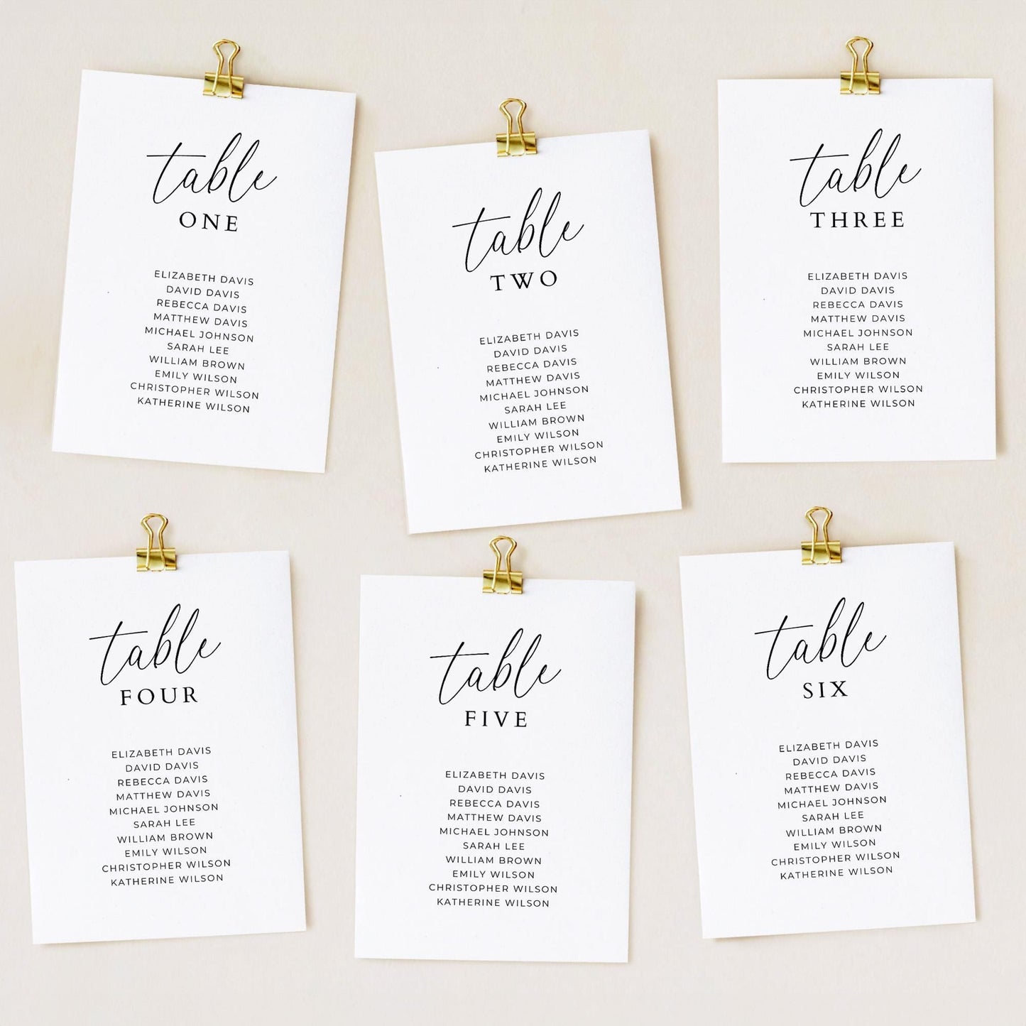 Seating Chart Cards Template, Minimalist Elegant Table Number Assignment Card with Names for Wedding Reception or Rehearsal Dinner