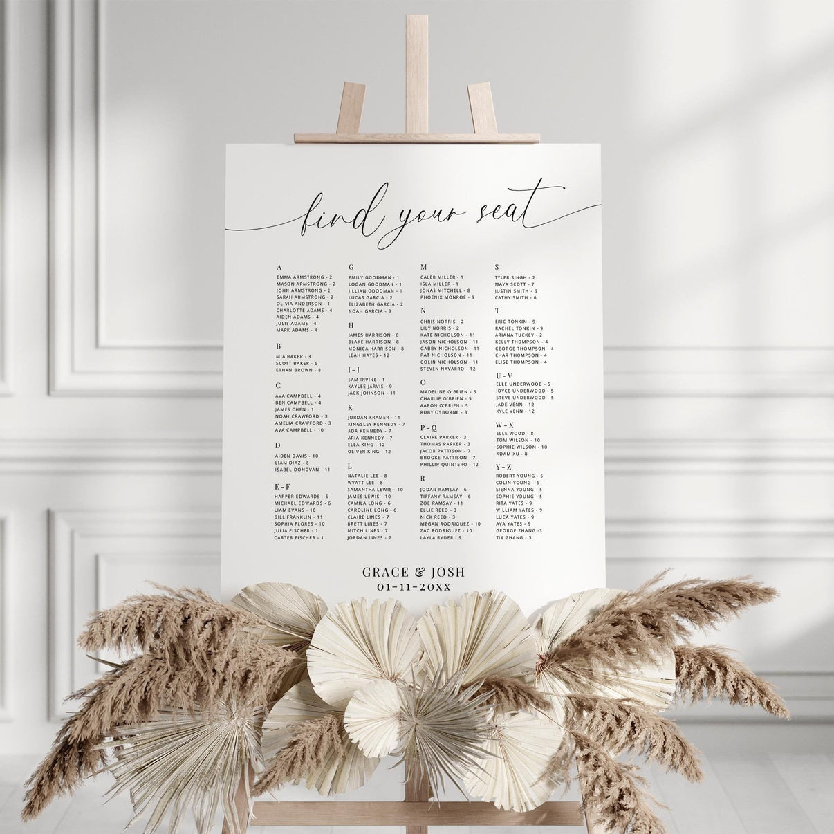 Seating Chart Sign Template Alphabetical Order – Amber & Rose Creative ...