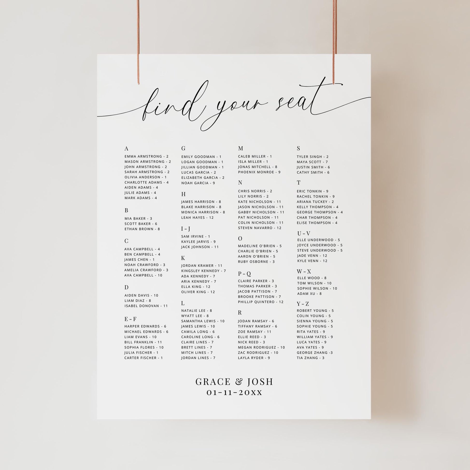 Seating Chart Sign Template Alphabetical Order for Wedding Reception or Rehearsal Dinner