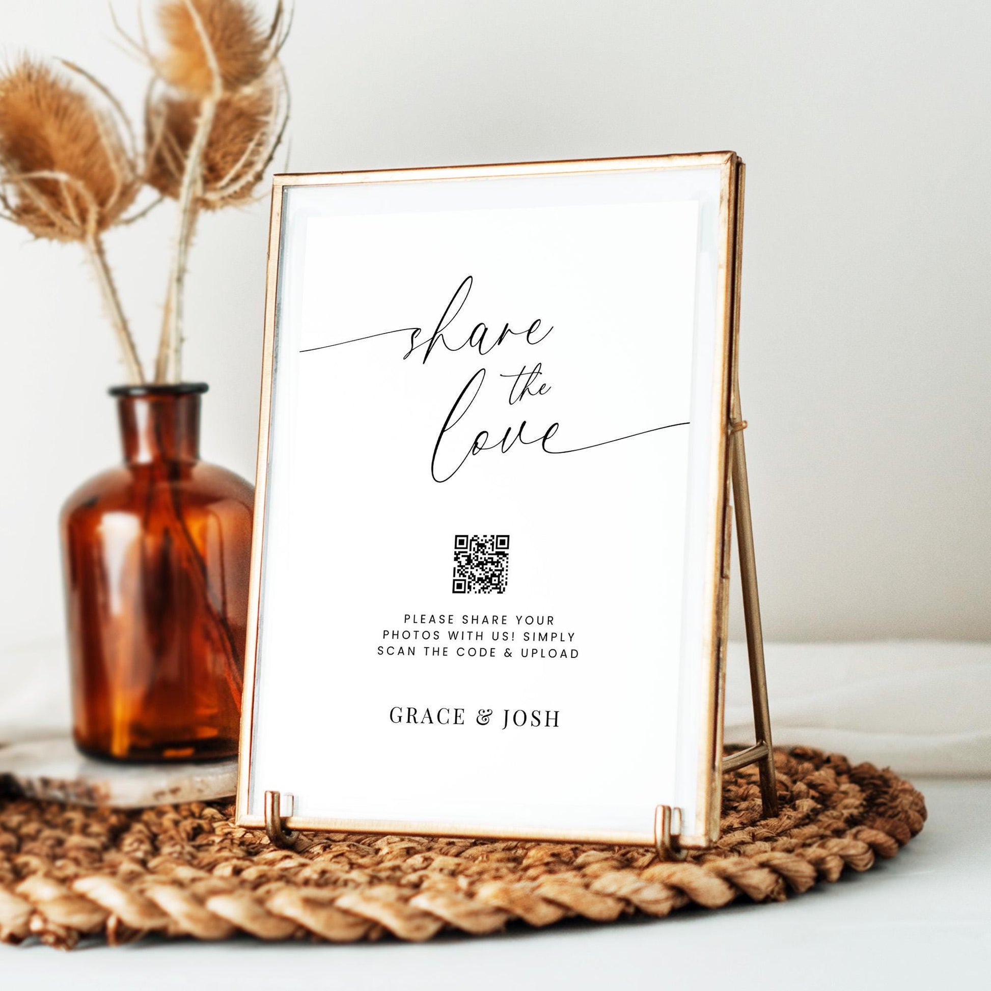 Share The Love Photo QR Code Sign Template for Wedding Pictures, Minimalist Photo Sharing Signage for Wedding Reception or Engagement Party