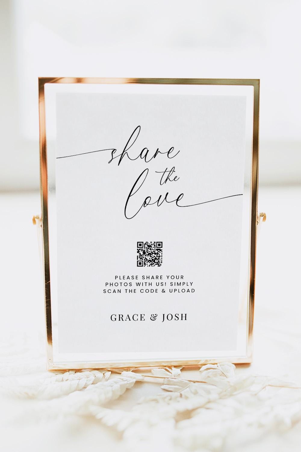 Share The Love Photo QR Code Sign Template for Wedding Pictures, Minimalist Photo Sharing Signage for Wedding Reception or Engagement Party