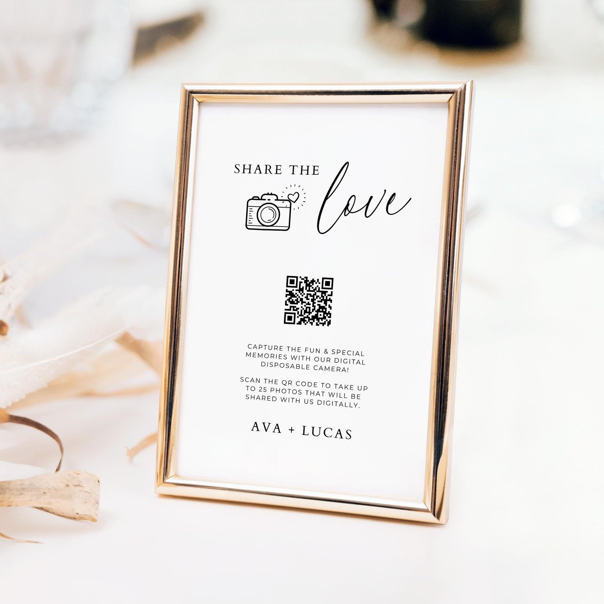 Share The Love Sign Template for POV Camera App, Digital Disposable Camera QR Code Photo Sharing, Modern Minimal Wedding Reception Signage