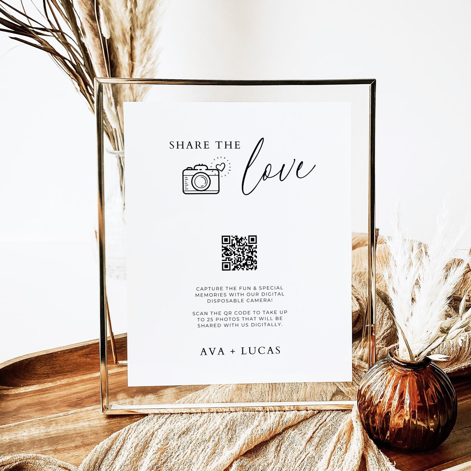 Share The Love Sign Template for POV Camera App, Digital Disposable Camera QR Code Photo Sharing, Modern Minimal Wedding Reception Signage