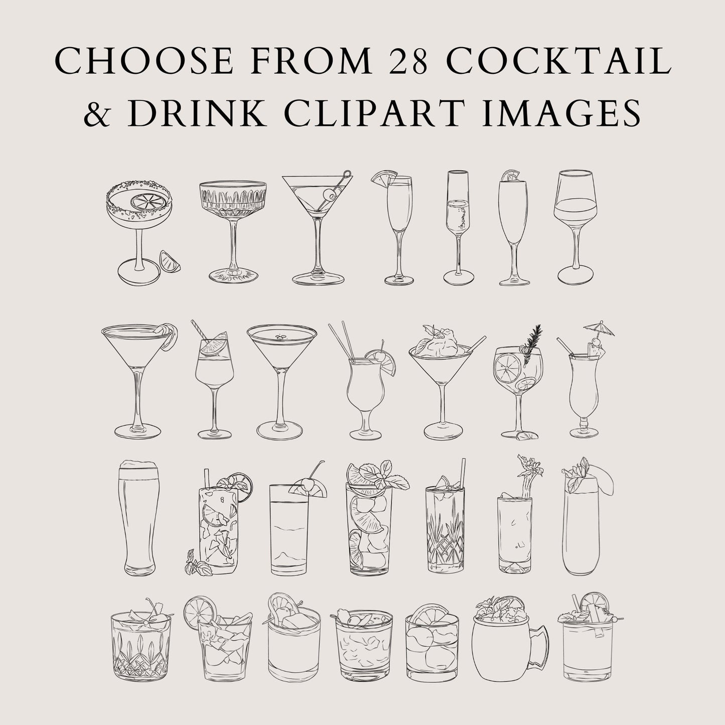 Choose from 28 Cocktail & Drink Line Art Clipart Images