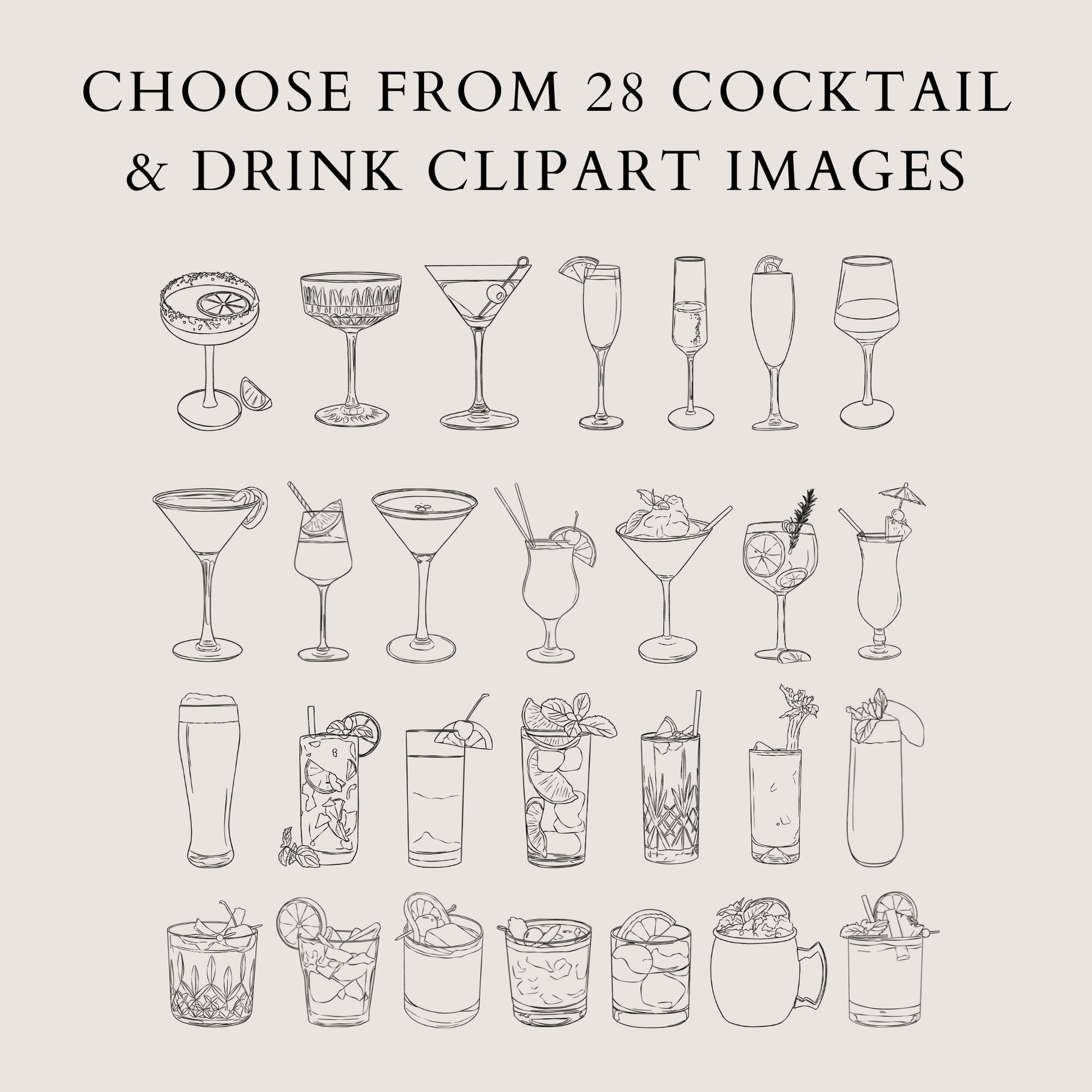 Choose from 28 Cocktail & Drink Line Art Clipart Images
