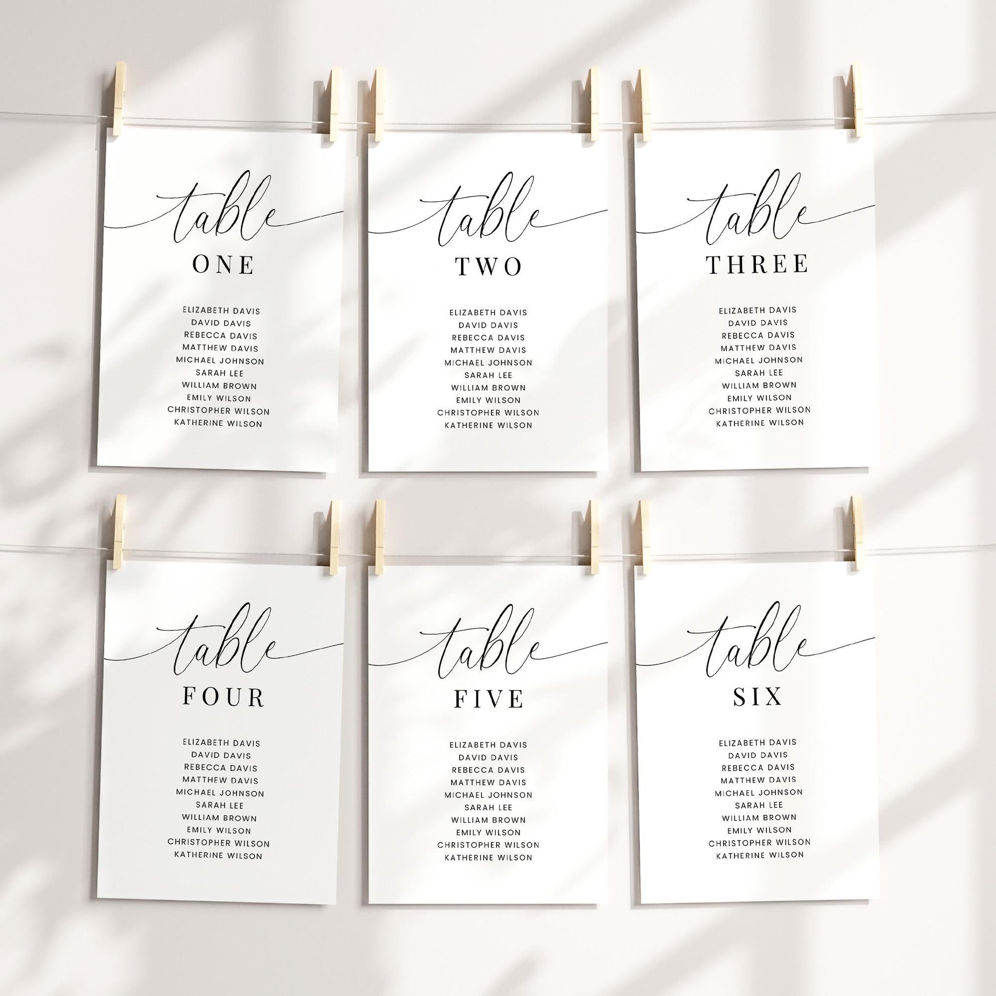Table Number Seating Chart Cards Template for Wedding Reception or Rehearsal Dinner, Minimalist Elegant Table Assignment Card with Names