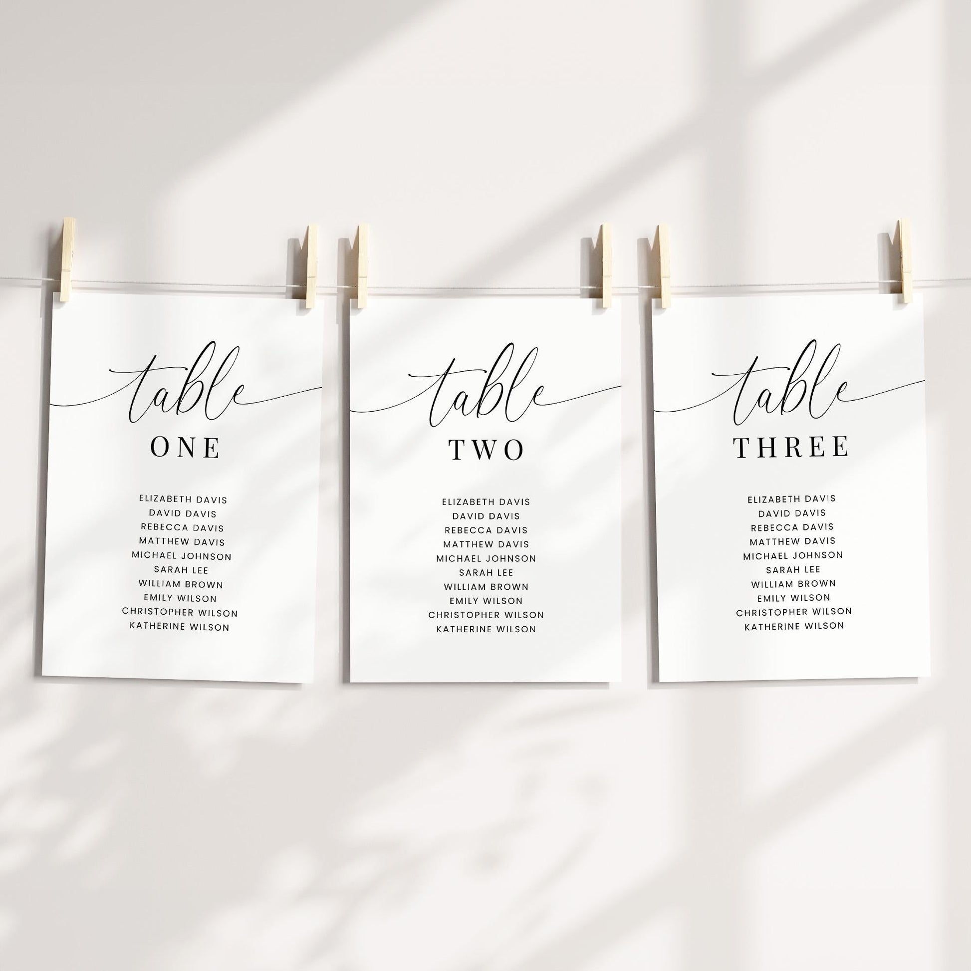 Table Number Seating Chart Cards Template for Wedding Reception or Rehearsal Dinner, Minimalist Elegant Table Assignment Card with Names