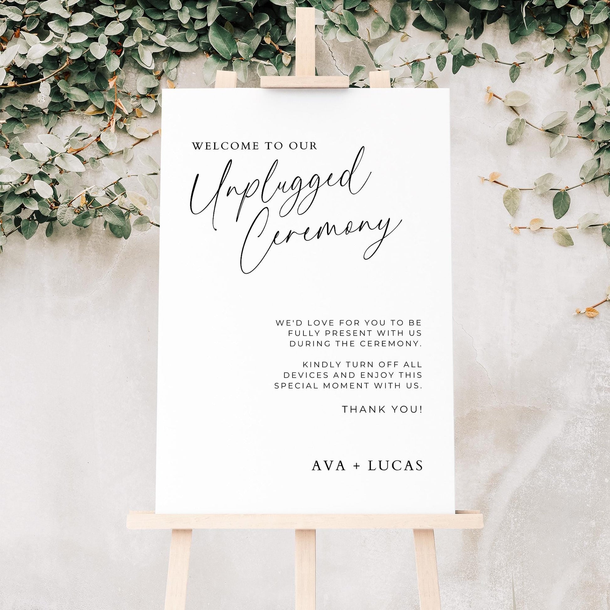 Unplugged Ceremony Sign Template, Modern No Phone Wedding Signage, Minimalist Welcome To Our Unplugged Wedding Printable Poster Board Sign