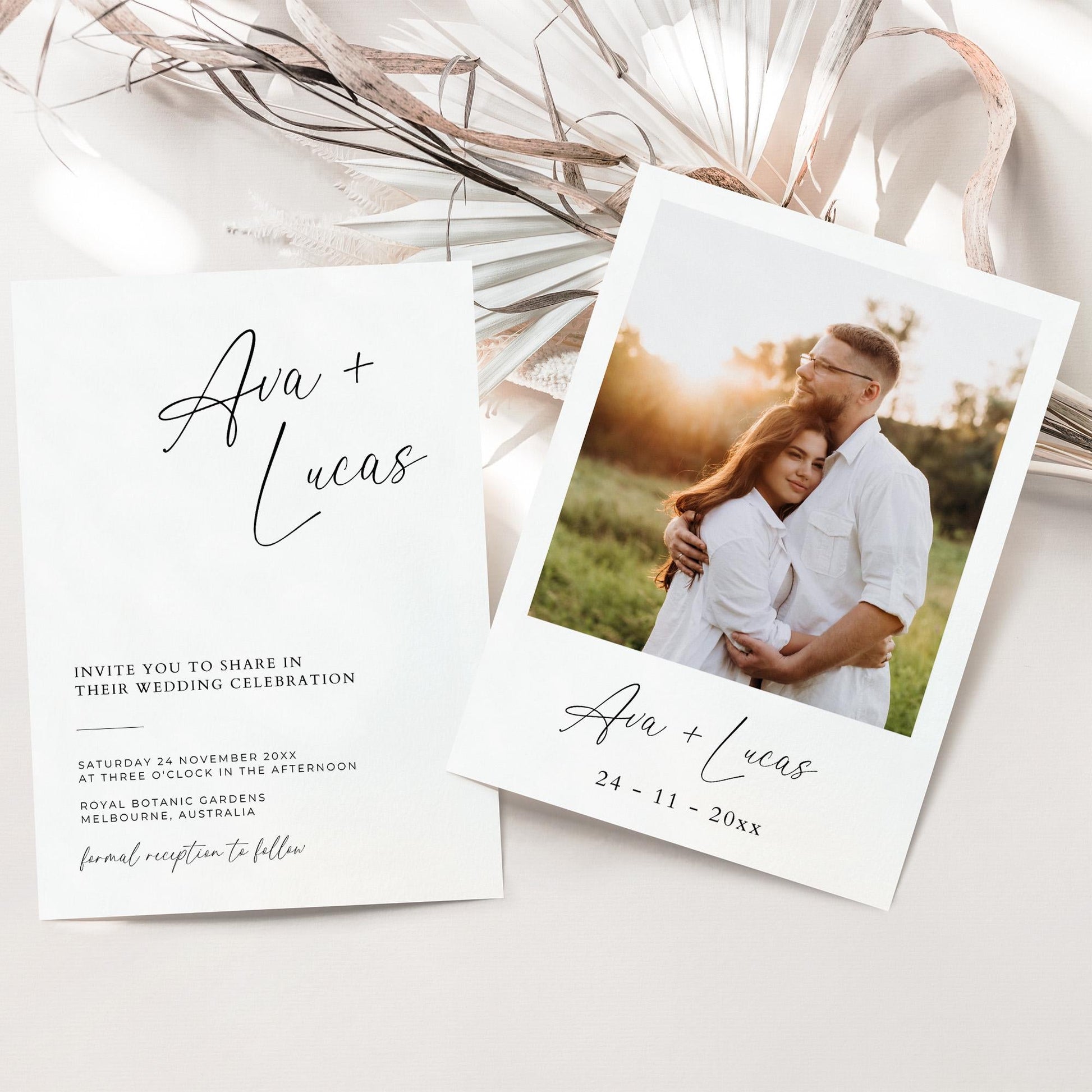 Wedding Invitation Card with Picture Template, Modern Minimalist Photo Wedding Invite, Double Sided DIY Customizable Printable 5x7 Invite