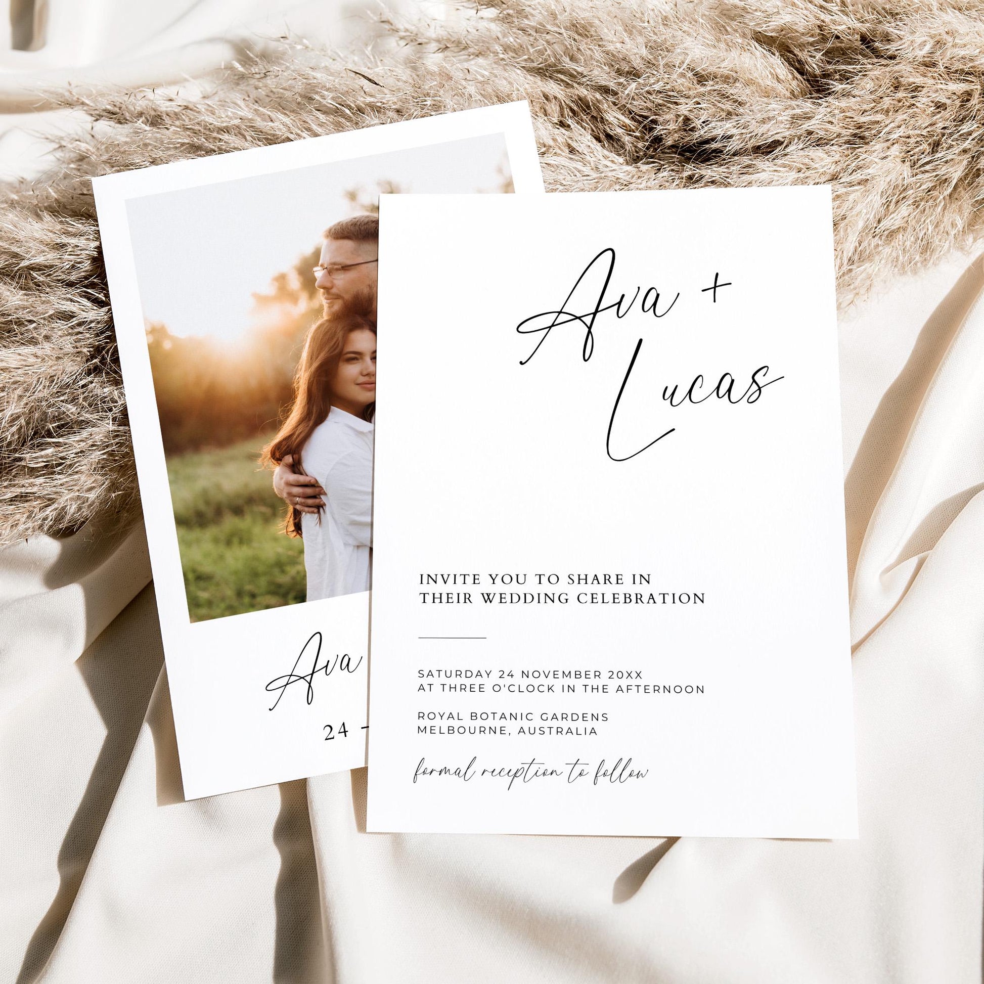 Wedding Invitation Card with Picture Template, Modern Minimalist Photo Wedding Invite, Double Sided DIY Customizable Printable 5x7 Invite