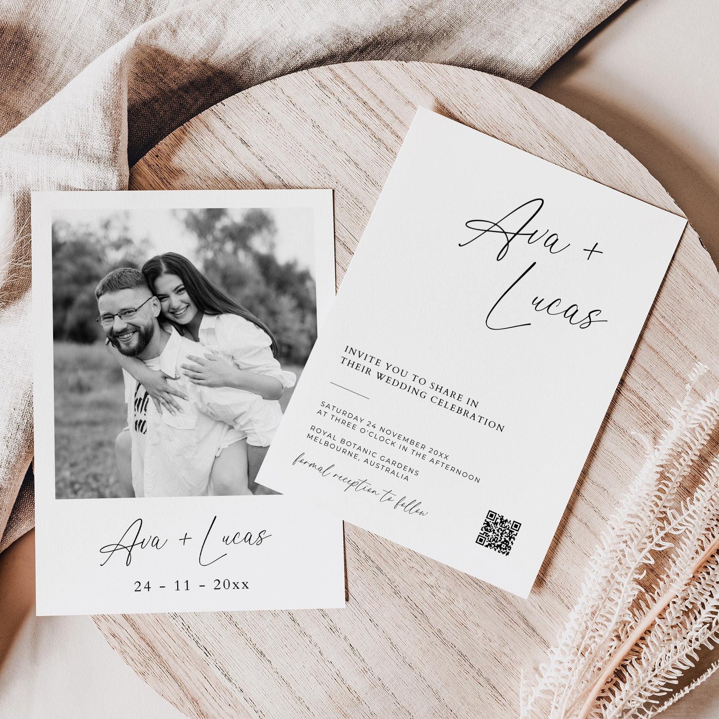 Wedding Invitation Template Double Sided with QR Code, Modern Minimalist Photo Invite Card, Simple Printable 5x7” Invitation with Picture
