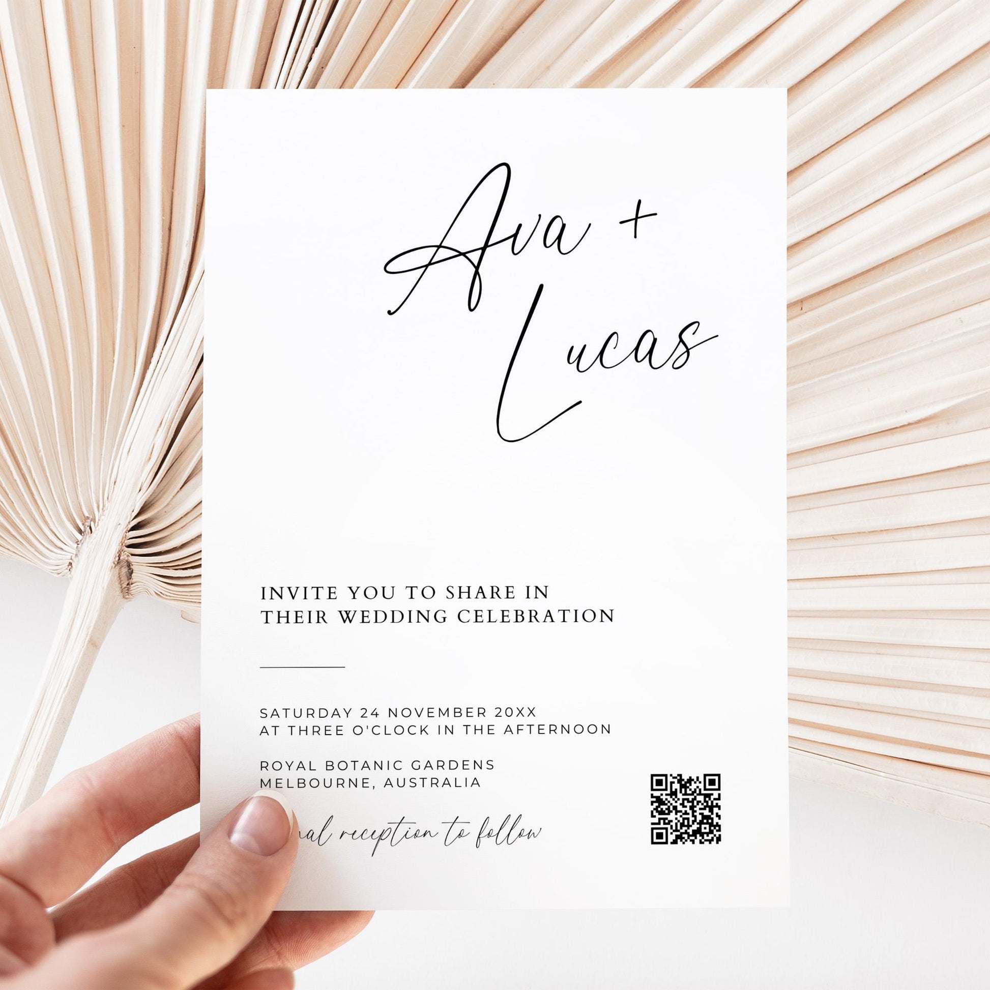 Wedding Invitation Template Double Sided with QR Code, Modern Minimalist Photo Invite Card, Simple Printable 5x7” Invitation with Picture