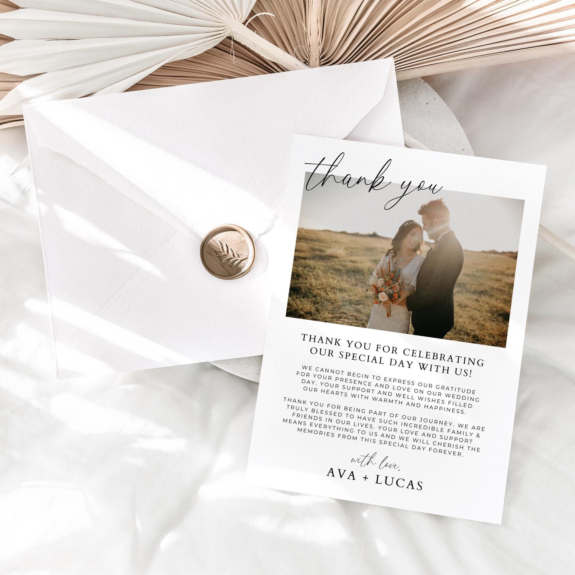 Wedding Photo Thank You Card Template, Simple Modern Thank You For Attending Note with Couple Picture, DIY Printable Minimalist Thank Yous