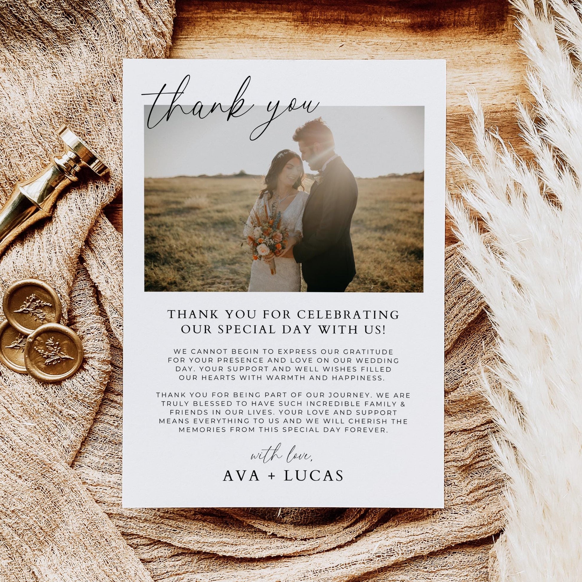Wedding Photo Thank You Card Template, Simple Modern Thank You For Attending Note with Couple Picture, DIY Printable Minimalist Thank Yous