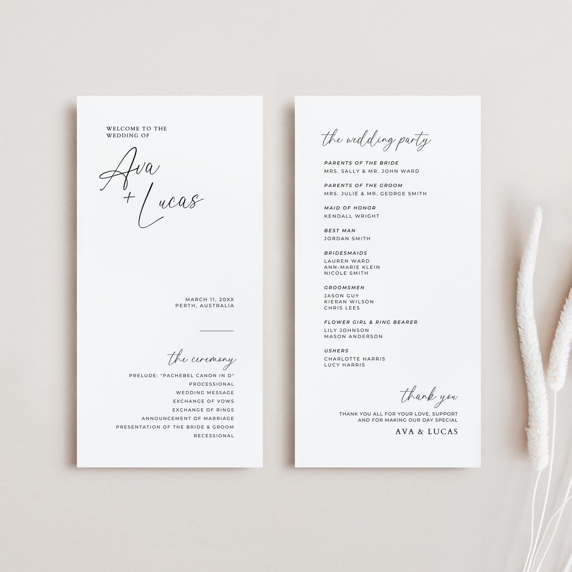 Minimalist Modern Wedding Program Template, Simple Wedding Ceremony Order of Service, Printable Double Sided No Mass Program