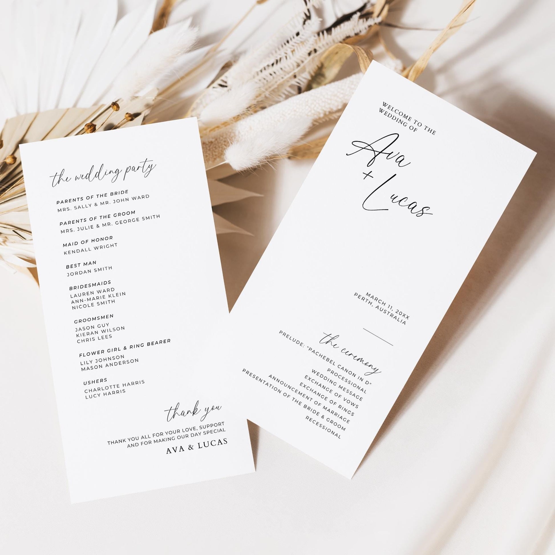 Minimalist Modern Wedding Program Template, Simple Wedding Ceremony Order of Service, Printable Double Sided No Mass Program
