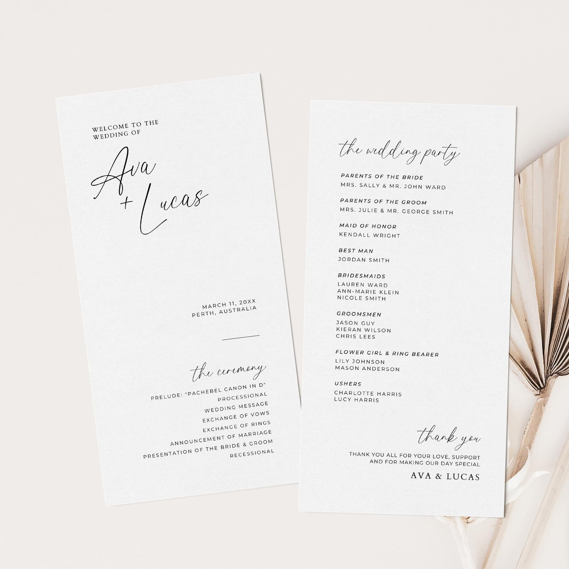 Minimalist Modern Wedding Program Template, Simple Wedding Ceremony Order of Service, Printable Double Sided No Mass Program