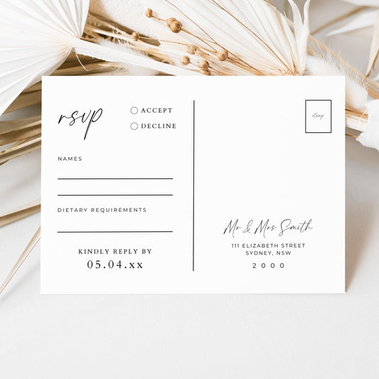 Wedding RSVP Postcard Template, Modern DIY Printable Enclosure Response Post Card, Minimalist Customizable Invite Insert Respond By Cards