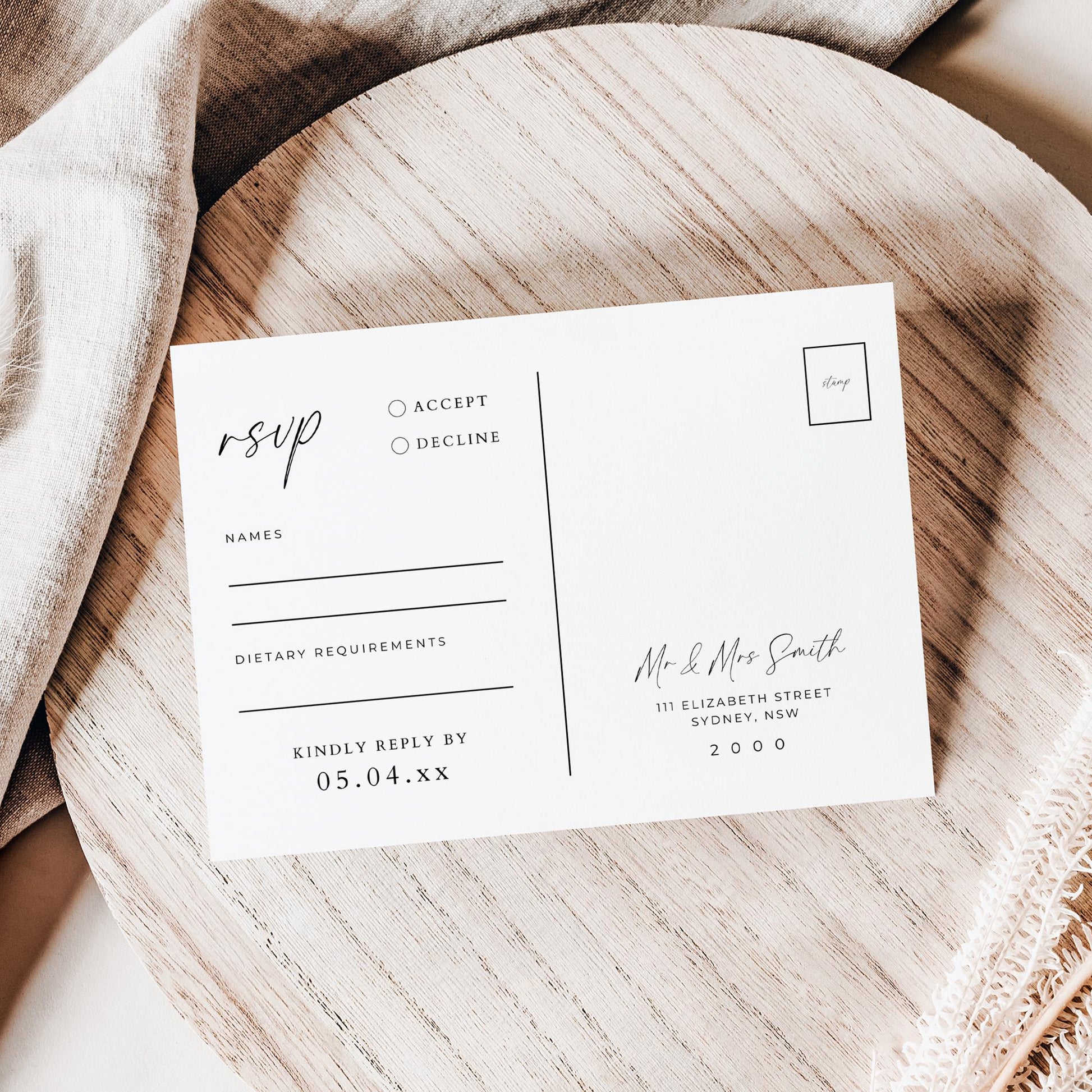 Wedding RSVP Postcard Template, Modern DIY Printable Enclosure Response Post Card, Minimalist Customizable Invite Insert Respond By Cards