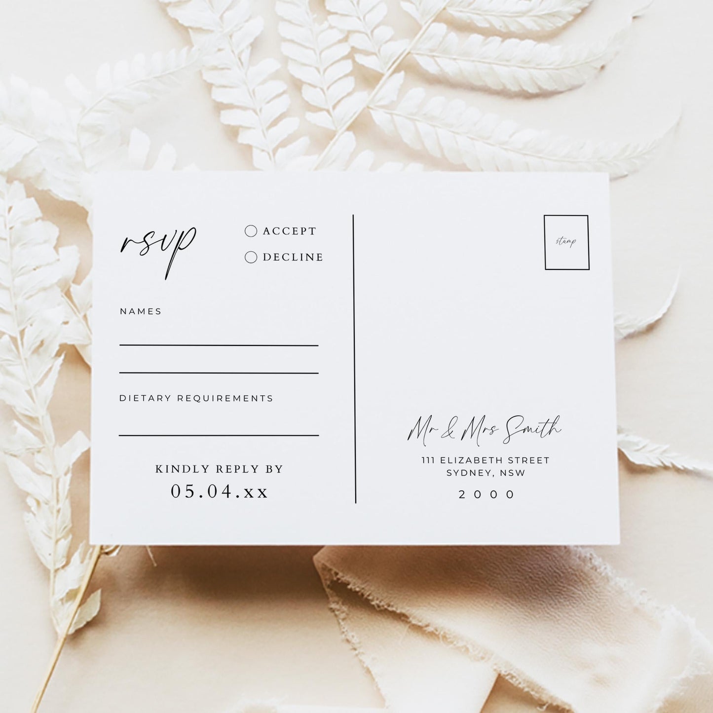 Wedding RSVP Postcard Template, Modern DIY Printable Enclosure Response Post Card, Minimalist Customizable Invite Insert Respond By Cards